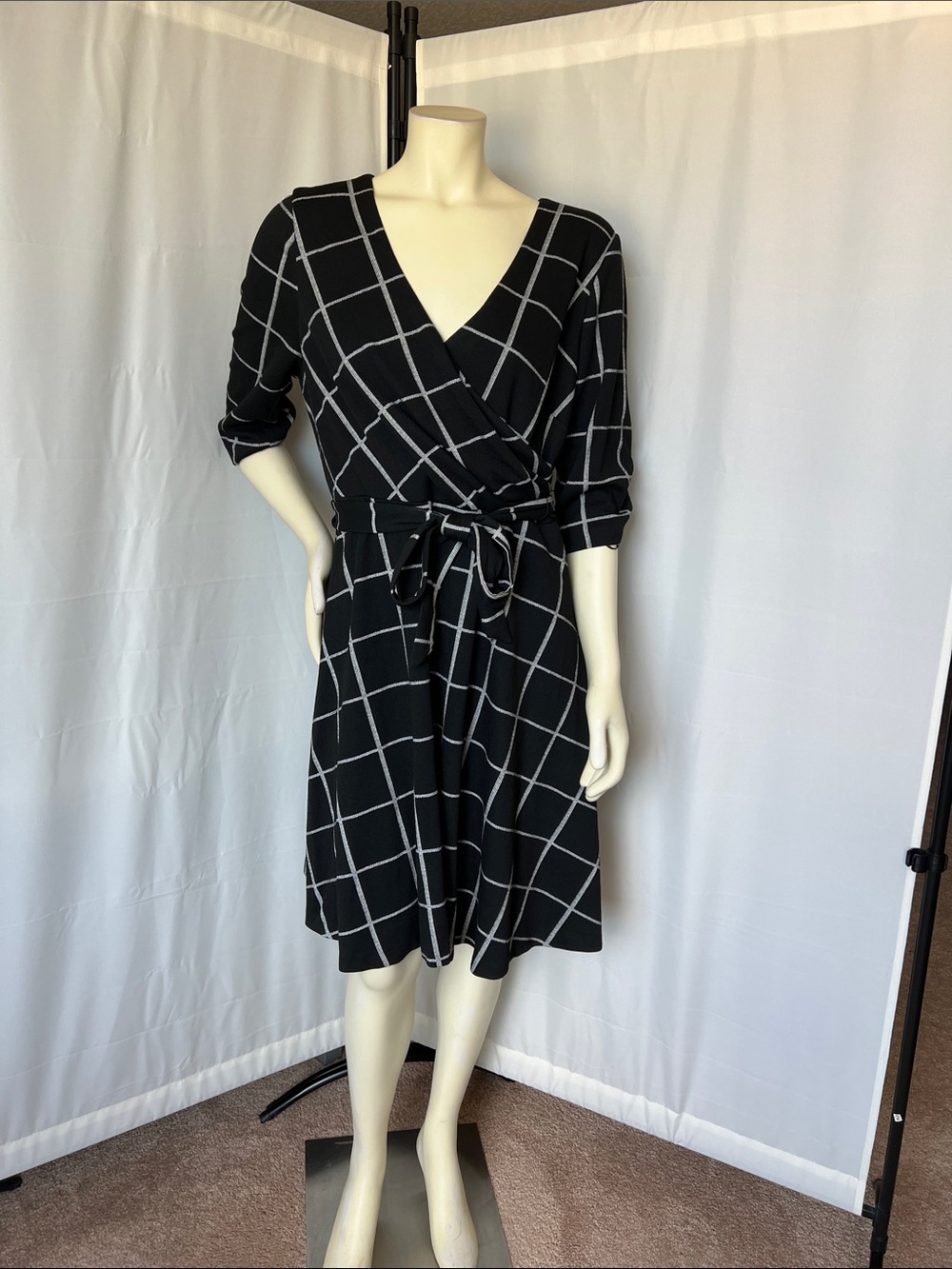 NWT DKNY Black and White Windowpane Wrap Style Dress